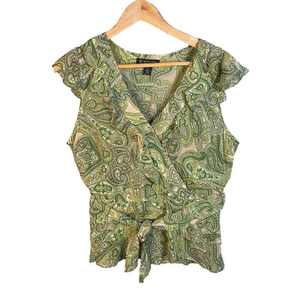 INC International Concepts Paisley Print Tie Front Silk Blouse Green Size 14P - Picture 1 of 10